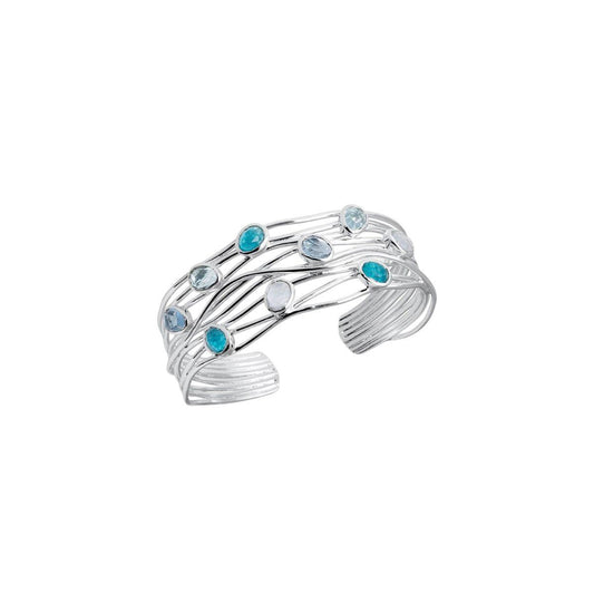 Pulsera rígida plateada con diseño orgánico y piedras azules